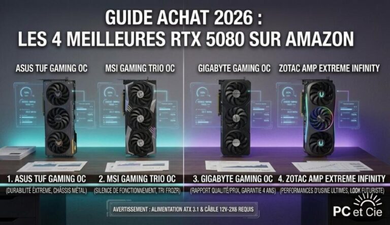 Comparatif des 4 cartes graphiques RTX 5080 Asus TUF, MSI Gaming Trio, Gigabyte Gaming OC et Zotac AMP Extreme sur le banc de test PC et Cie