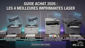 Comparatif des meilleures imprimantes laser Brother et HP disposées sur un établi de test PC et Cie