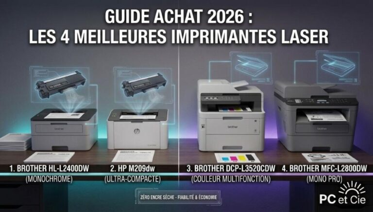 Comparatif des meilleures imprimantes laser Brother et HP disposées sur un établi de test PC et Cie