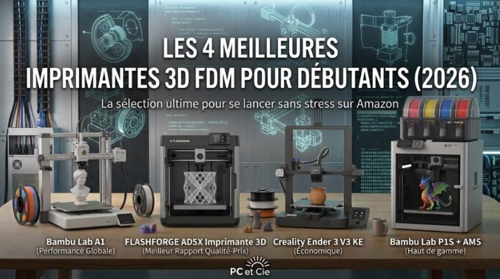 Comparatif de 4 imprimantes 3D FDM pour débutants alignées sur un bureau.