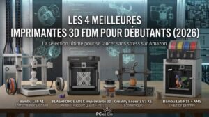 Comparatif de 4 imprimantes 3D FDM pour débutants alignées sur un bureau.