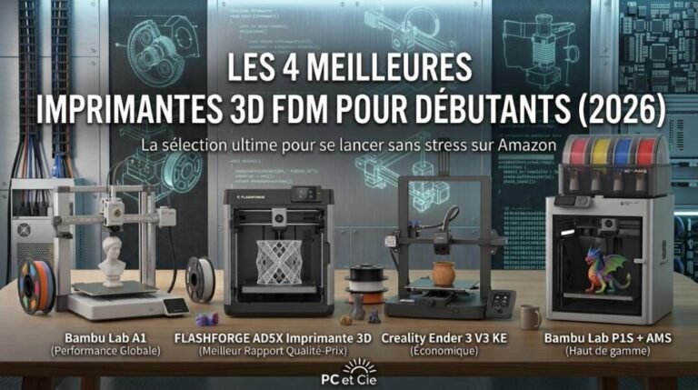 Comparatif de 4 imprimantes 3D FDM pour débutants alignées sur un bureau.