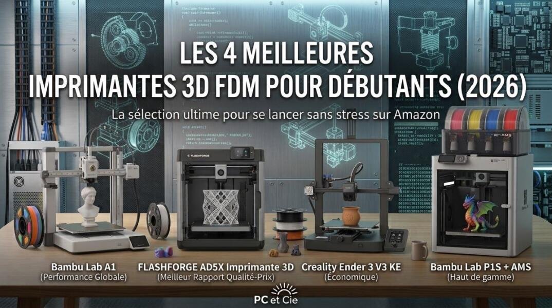 Comparatif de 4 imprimantes 3D FDM pour débutants alignées sur un bureau.