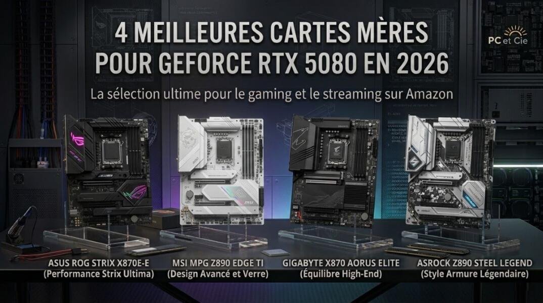 Comparatif des 4 meilleures cartes mères AM5 et LGA1851 pour carte graphique NVIDIA GeForce RTX 5080 sur une table de studio tech